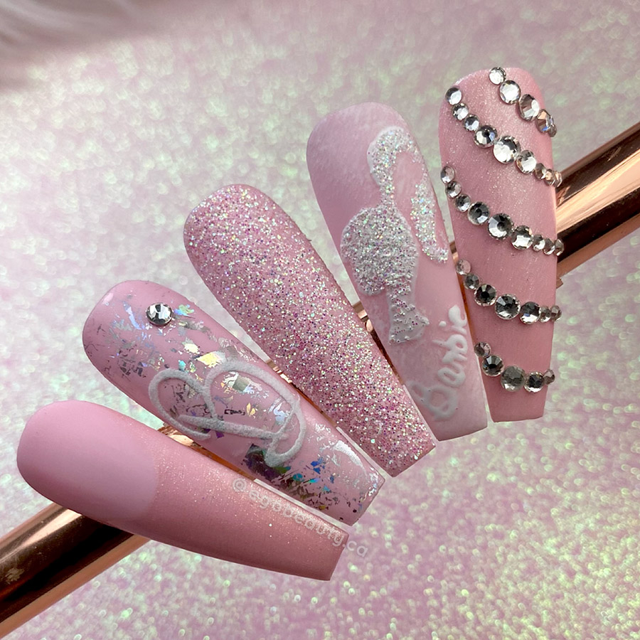Pink glitter and crystal nail art design step by step